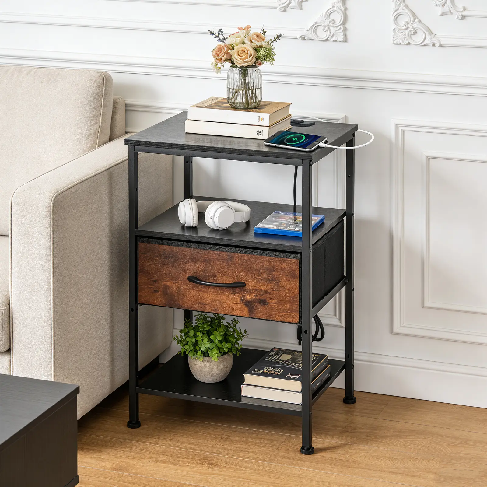 Beddle Nightstand with Charging Station, LED Bedside Table with 1 Fabric Drawer, 3-Tier End Table for Bedroom, Living Room, Black and Brown