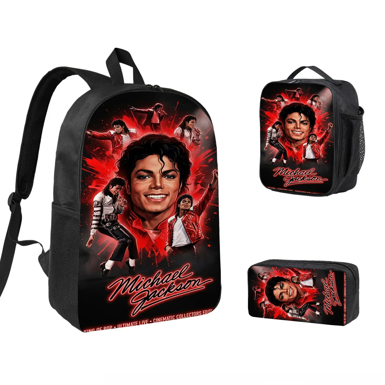 Michael Jackson 3 PCS Backpack Set, Durable School Bookbag with Insulated Lunch Bag & Pencil Case for Teens Boys Girls, Comfortable Travel Daypack Gift for Fans d-292