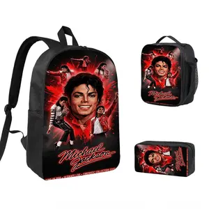 Michael Jackson 3 PCS Backpack Set, Durable School Bookbag with Insulated Lunch Bag & Pencil Case for Teens Boys Girls, Comfortable Travel Daypack Gift for Fans d-292