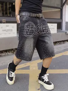Men's Y2K Style Washed Denim Shorts, Loose Fit, Sparkly Rhinestones, Streetwear Summer Pants, Vintage Casual Bermuda Shorts