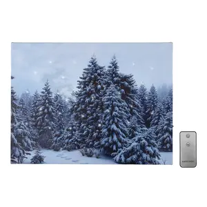 LumaBase Battery-Operated Lighted Wall Art Snowy Pines Full Color Canvas with 40 LED Lights & Remote Control for Winter Decor