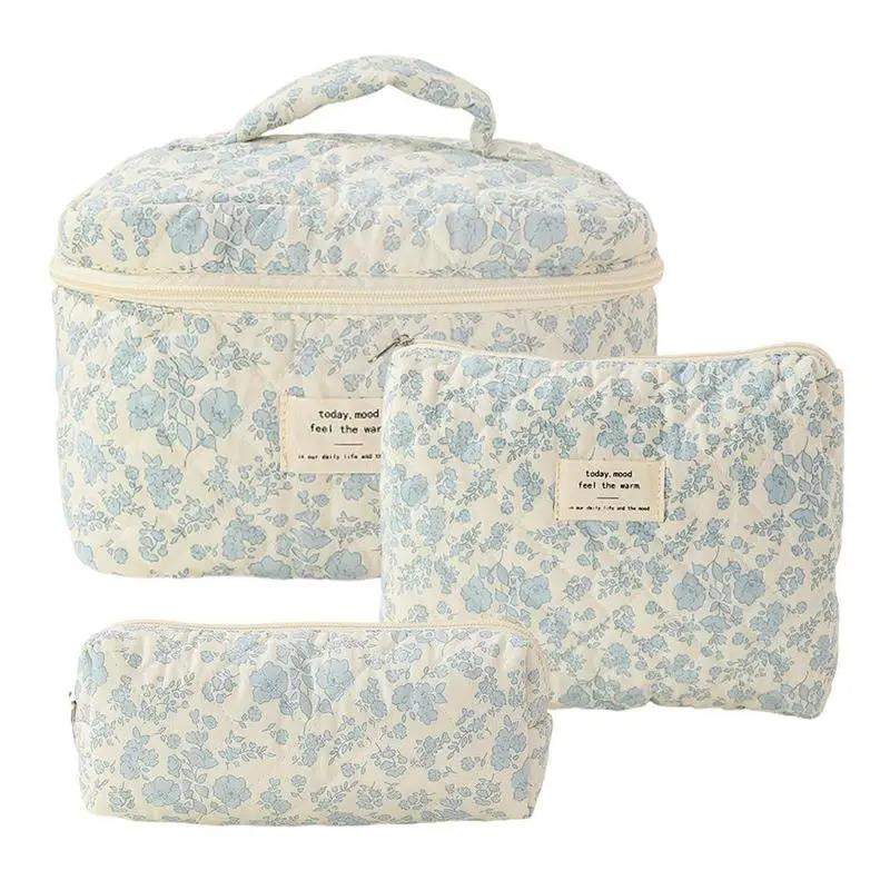 Floral Pattern Quilted Makeup Bag Set, 3-Piece Travel Cosmetic Organizer Pouches, Portable Zipper Makeup Storage for Cosmetics & Skincare, Lightweight Water-Resistant Toiletry Kit, Valentine's Day Gift for Women