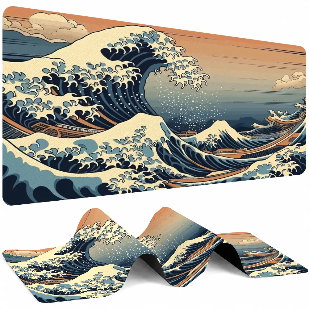Japanese Great Wave Print Coastal Art Fabric Top Desk Mat - Large Mouse Pad for Workplace Use