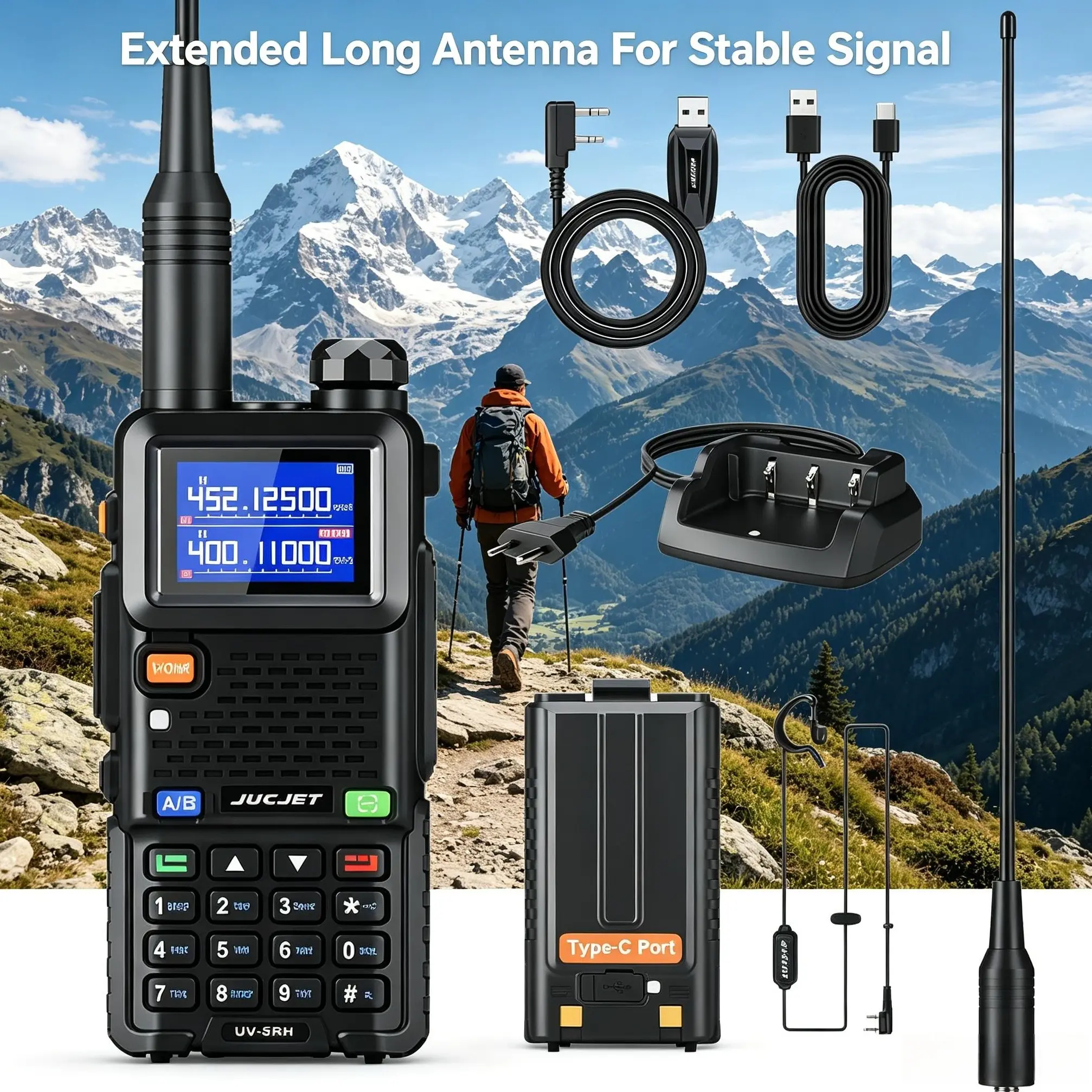 JUCJET UV-5RH Pro Water-Resistant Rechargeable Dual Band Handheld Walkie Talkie, Bluetooth Connection, 1-Key Sync, USB-C Charging, Monitor Function, Manufacturer Warranty for Deep Camping, Hiking