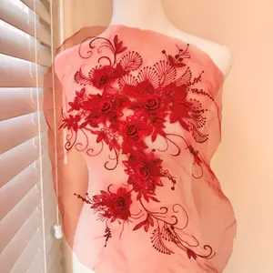 Red Applique: Embroidered 3D Flowers and Sequins (17 x 10 in)