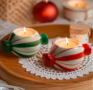 Candy Ceramic Candle Holders 2 PCS,Christmas Decor Candlestick Holders Centerpieces for Home Wedding Xmas Dinning Party for 1.5 inch Candle and Led Candle(Red + Green)