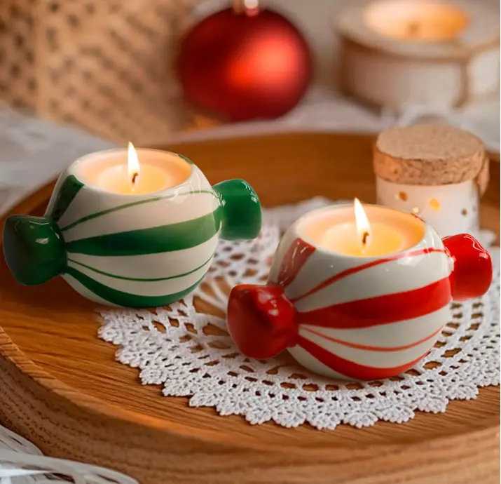 Candy Ceramic Candle Holders 2 PCS,Christmas Decor Candlestick Holders Centerpieces for Home Wedding Xmas Dinning Party for 1.5 inch Candle and Led Candle(Red + Green)