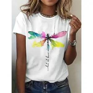 Women's Fashion Casual White Tee, Dragonfly Art With Inspirational Quote, Short-Sleeved Round Neck T-Shirt, Summer Style Top