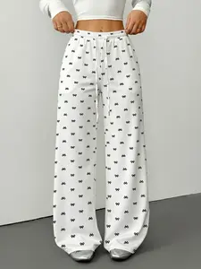 Women's White Bow Print Wide Leg Pants, Casual Comfy Drawstring Trousers with Pockets for Daily Wear, Ladies All-Season Bottoms