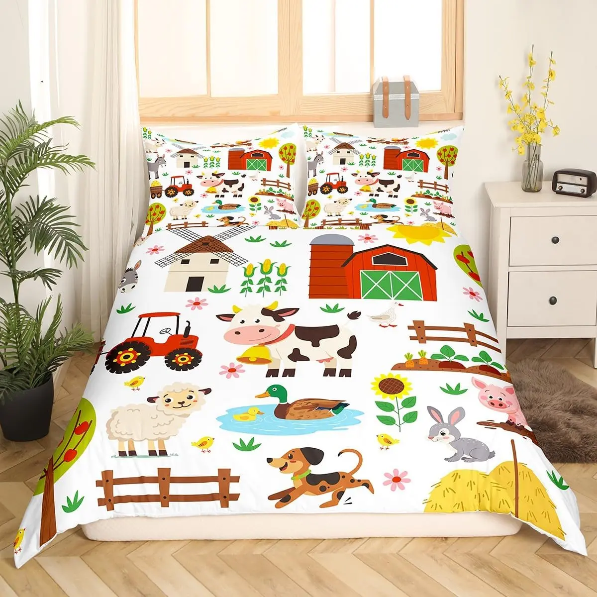 Feelyou Single/Twin Size Duvet Cover Set - 2Pcs Hidden Zippered Bedding (1 Duvet Cover + 1 Pillowcase, No Comforter), Soft Warm Reactive Dyed Breathable Microfibre, Vibrant Cartoon Tractor & Farm Animals Farming Theme, Machine Washable