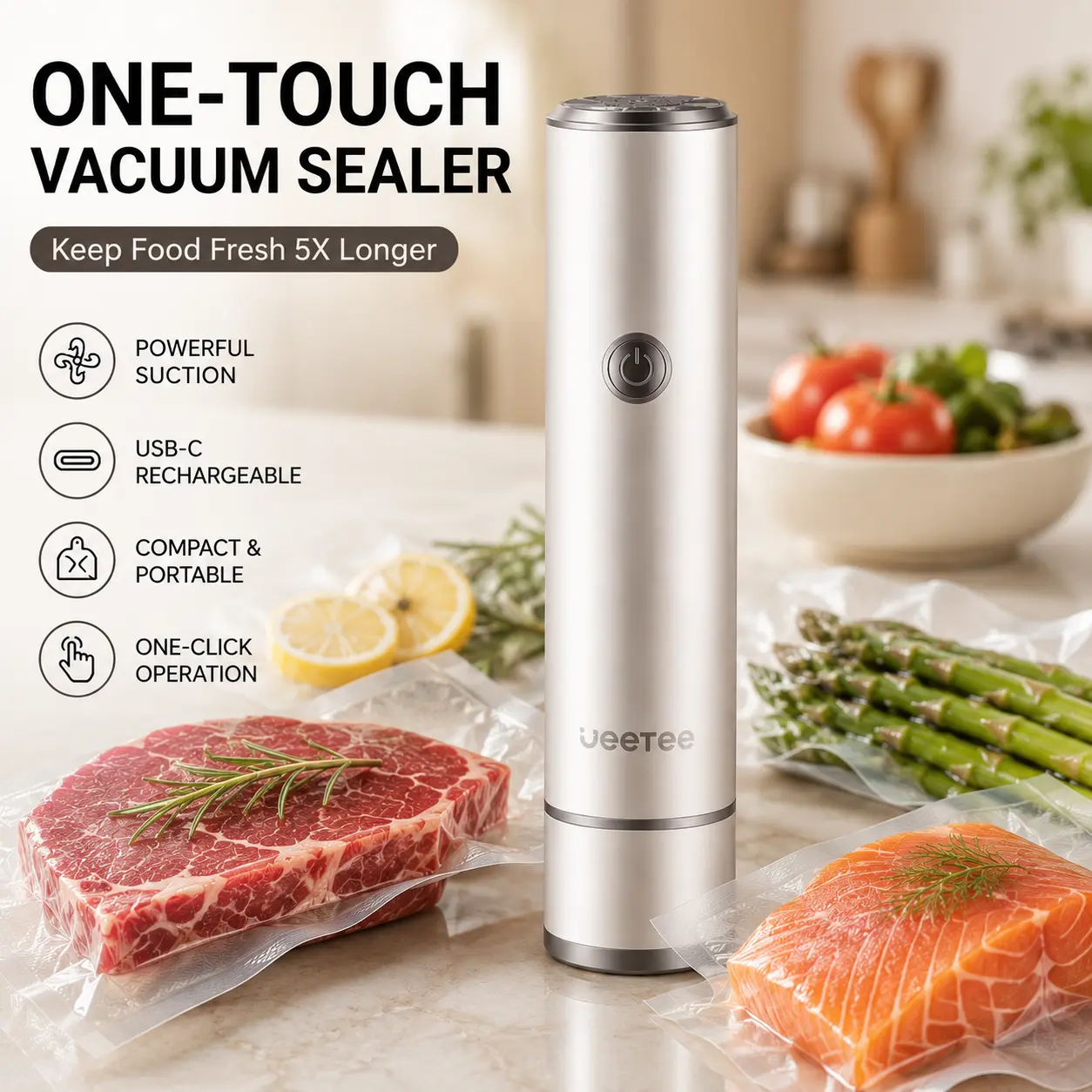 JEETEE Vacuum Sealer - Compact Portable Travel-Ready Kitchen Gadget with 1-Touch Smart Operation, Automatic Bag Sealing, Self-Seal, Vacuum Compression Seal, Dishwasher Safe for Safe Food Storage