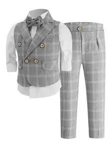 Bebekids 3 Piece Boys Plaid Suit Set（Waistcoat+Trousers+Bow Tie）British Retro Gentleman Style Boys Birthday Party Outfit Wedding Pageant Wear Festival Formal Attire For Kids No Shirt Included--XT82109