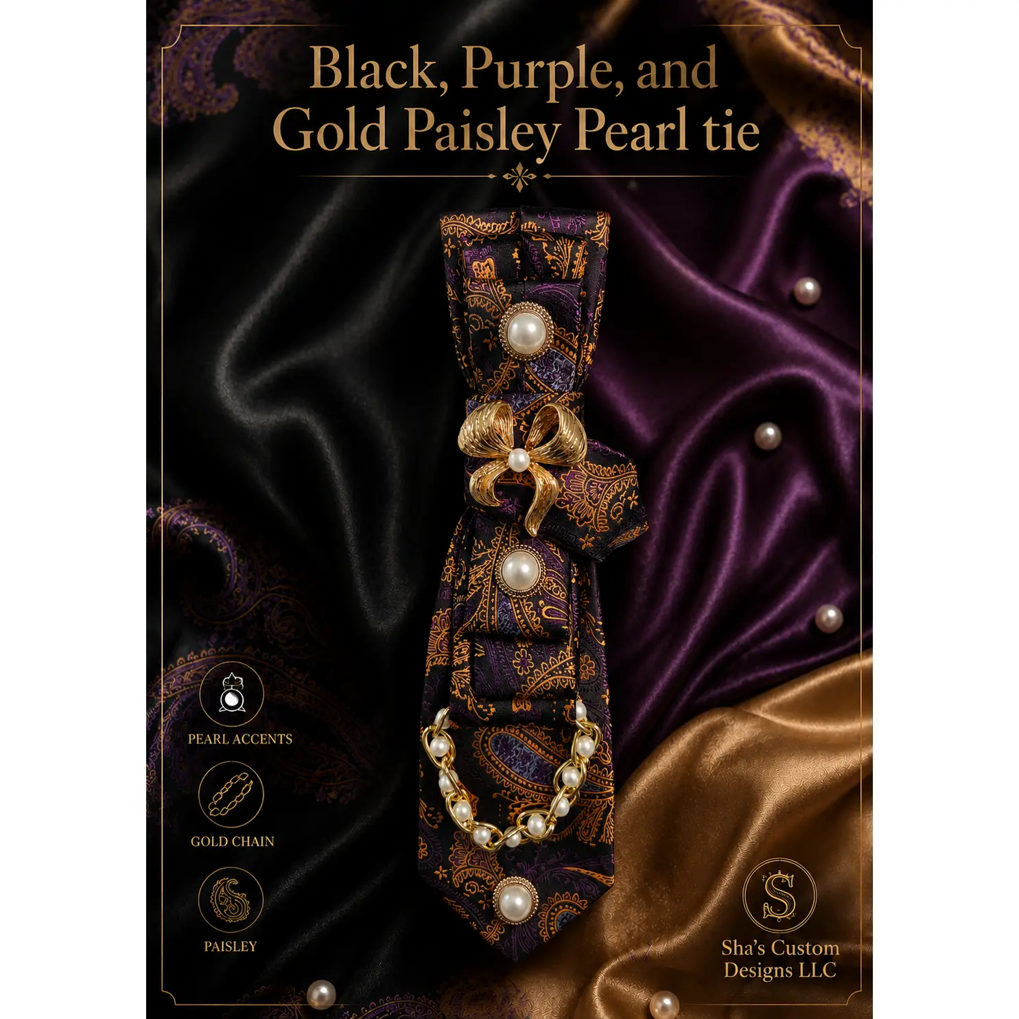 Black, Purple and Gold Paisley Pearl Custom Tie