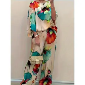 Women'S Elegant Floral Print Satin Two-Piece Set: Round Neck Top and Wide Leg Pants