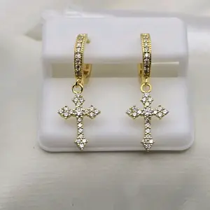 18k Yellow Gold Over Sterling Silver Moissanite Huggie Cross Dangle Earrings