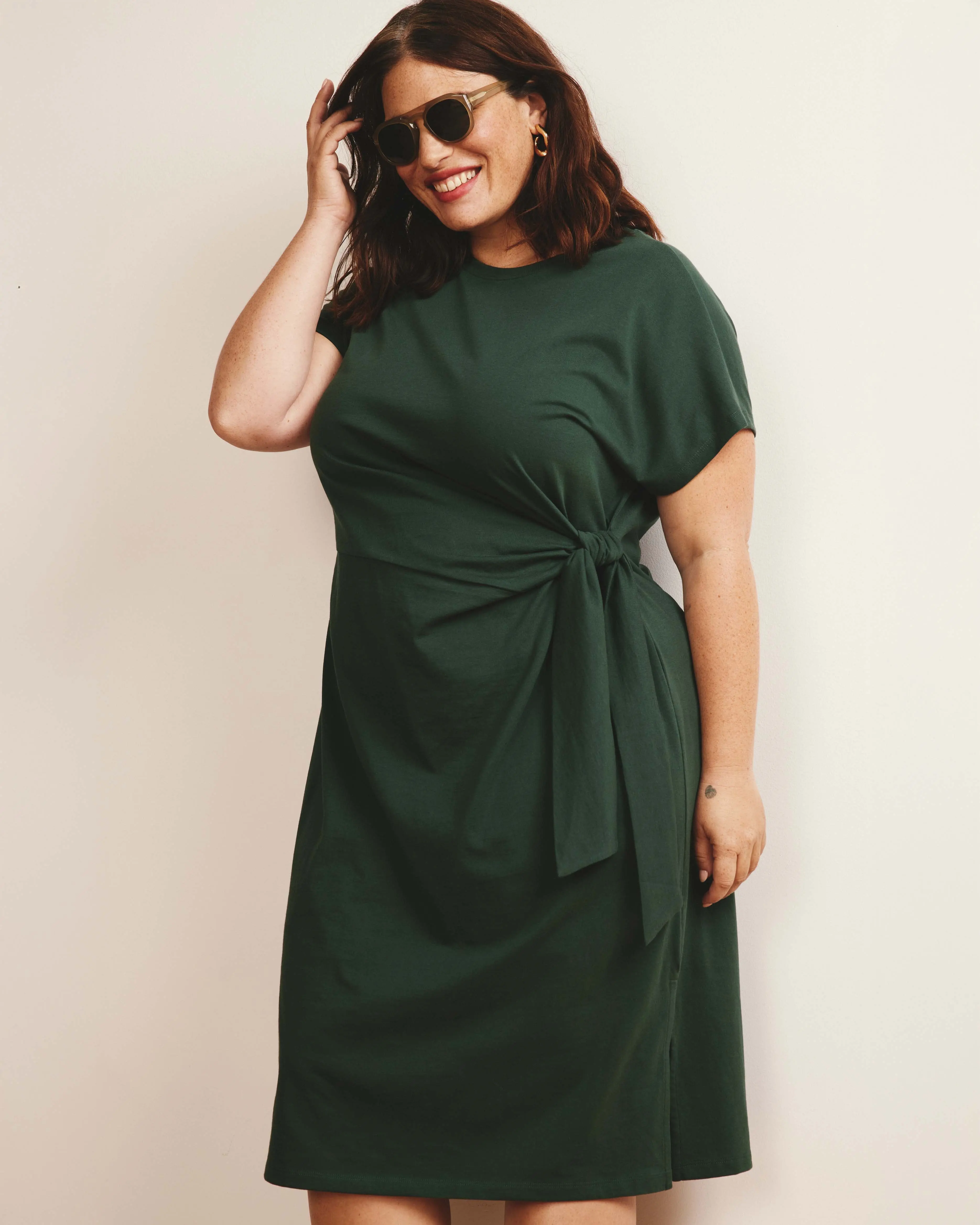 Crescent Breton Stripe Knot Dress - Solid Conifer