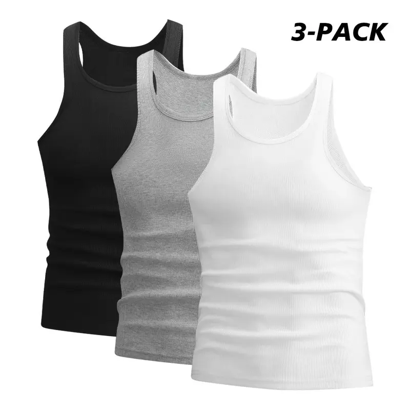 Men's Striped Fitted Tank Tops (Pack of 3) - Scoop Neck, Slim Fit, Casual, Minimalist, Comfortable Undershirts (XS-XXXL)