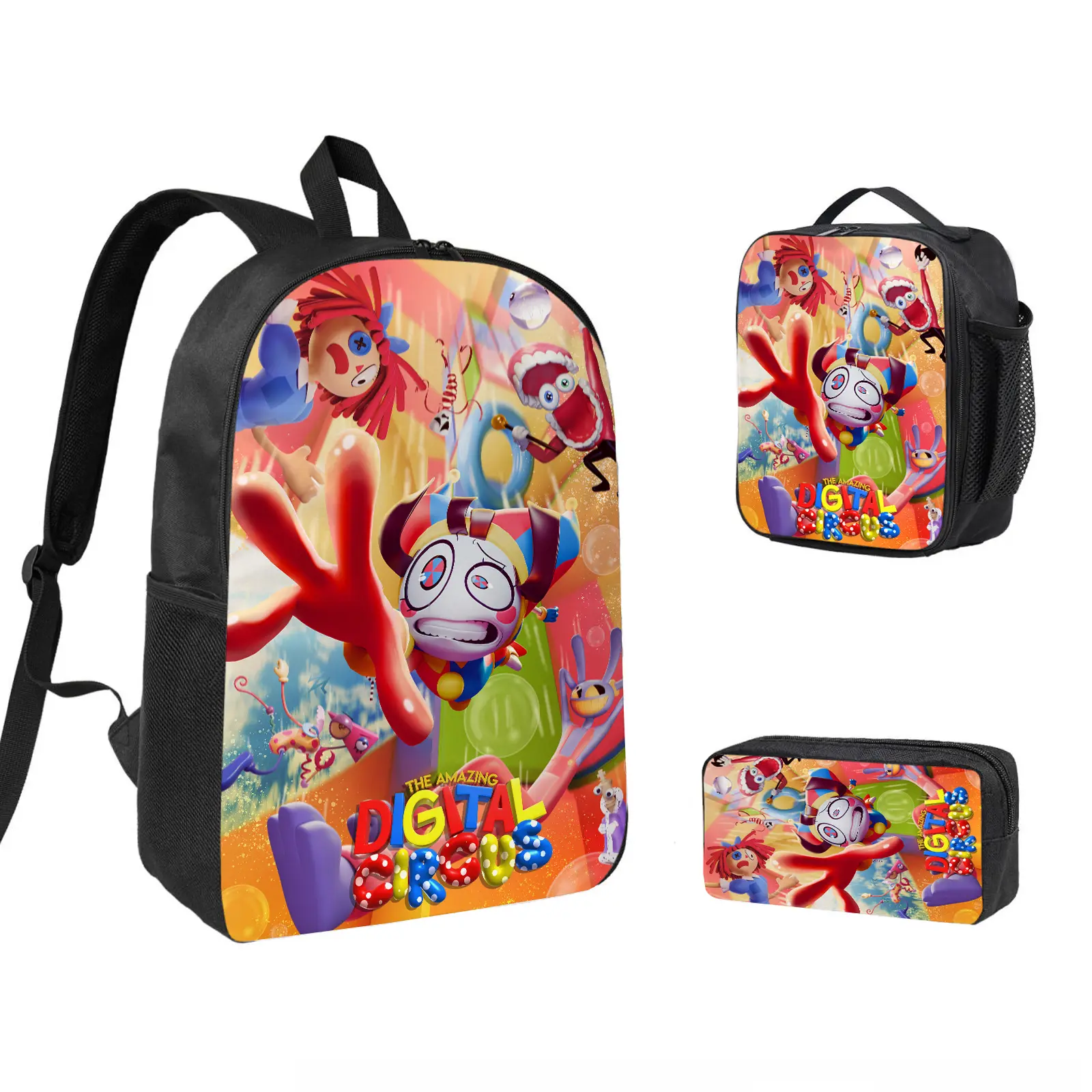 The Amazing Digital Circus poster 3 PCS Backpack Set, Durable School Bookbag with Insulated Lunch Bag & Pencil Case for Teens Boys Girls, Comfortable Travel Daypack Gift for Fans d-249