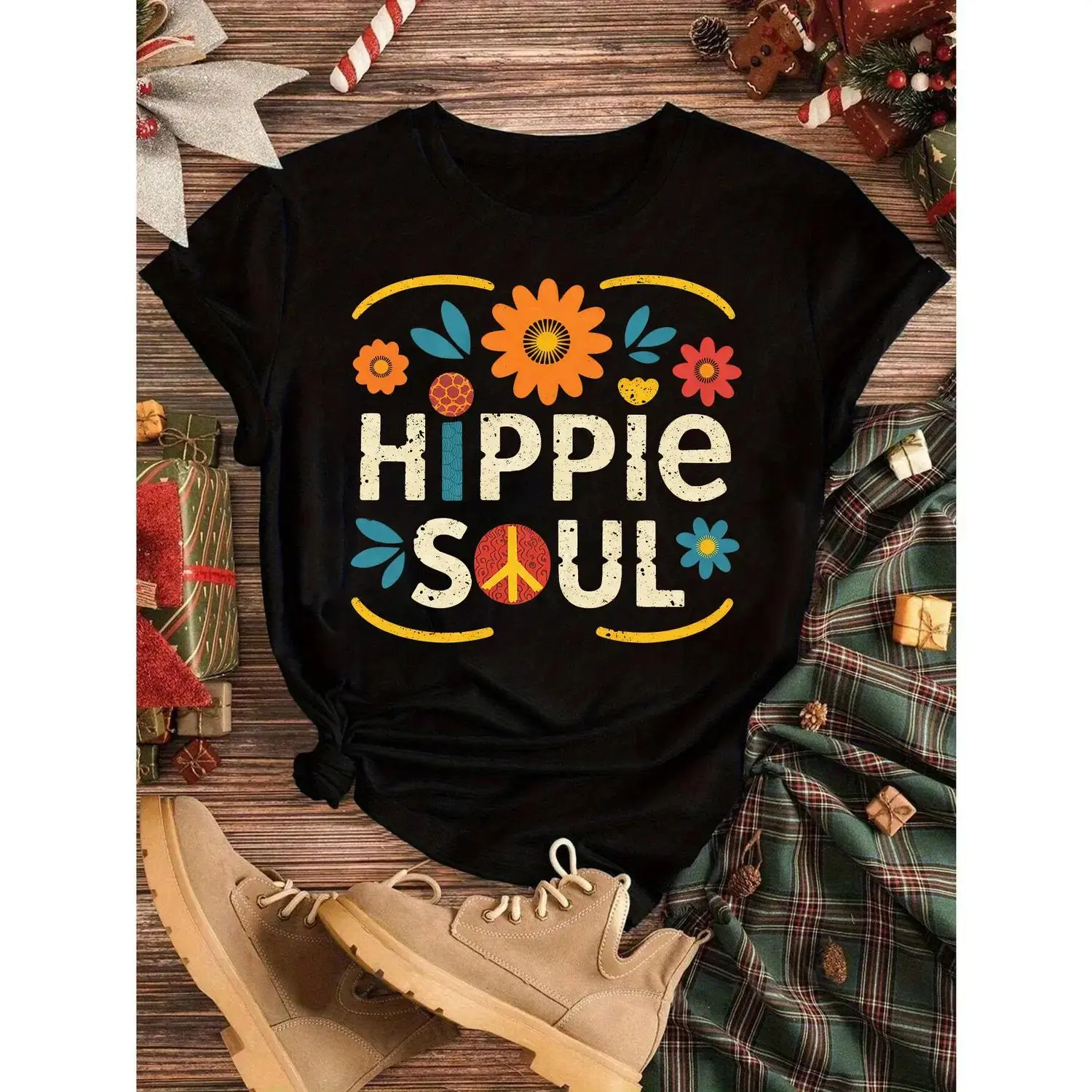 Women's 180g Cotton Fitted Graphic T-Shirt, 1pc Bold Style Hippie Soul Design, Colorful Florals with Peace Logo, Casual Short-Sleeved Crew Neck, Hippie Outfit