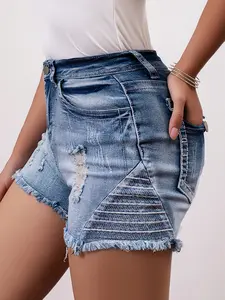 Women's Ripped Denim Shorts Elastic Slim Fit Versatile Jeans Embroidered Denim Shorts Women