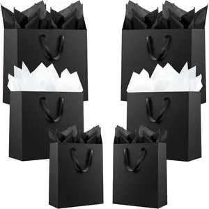 12 count Black  Bags, Paper Bag with Mixed Tissue Paper (4 Small 6", 4 Medium 8.7", 4 Large 12.6"),  Paper Bags with Handles for Birthdays and Holidays