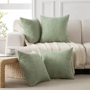 Set of 4 Sage Green Corduroy Decorative Couch Throw Pillow Covers 18x18 Inch, Western Modern Farmhouse Striped Cushion Cases, Soft Boho Square Accent Pillow Covers for Home Sofa