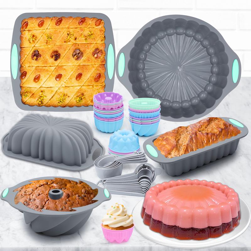 46/25 Pieces,Silicone Bakeware Set, Non-Stick Kitchen Oven Baking Pans, Silicone Cake Molds with Cake Pan, Chiffon Cake Pan, Donut Pan, Charlotte Cake Pan, Square Cake Pan and Loaf Panilicone .Dishwasher safe,Halloween gift. Birthday Fluted Bundt Cake Pan
