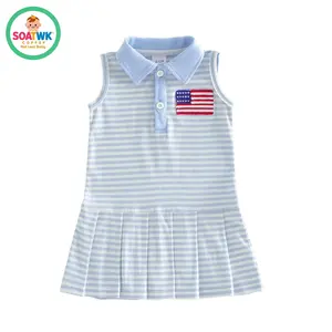 Toddler Baby Girls Patriotic Dress Fashionable 4th of July Letters Embroidery Sleeveless Collared Striped Dress