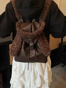 Women's PU & Plush Backpack, Rabbit Ear Hat Design, Adjustable Straps, Magnetic Closure, Ideal for Office, School, Work, Travel, Gifts