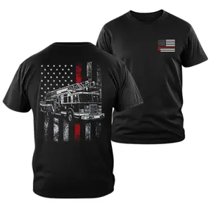 Fire Truck Shirt, Firefighter American Flag T Shirt, Thin Red Line Fire Dept Tee, Ladder Truck Graphic Tee, Patriotic First Responder Shirt, Front Chest Thin Red Line Flag Logo, Soft Cotton Blend Unisex Shirt, Gift for Firefighters