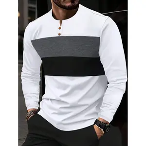 A new autumn and spring color-blocked business style round-neck men's casual long-sleeved T-shirt top.