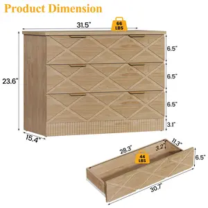 Natural Wood Night Stand with Carved Diamond Design, Bedside End Table for Bedroom,Closet Large Modern Nightstand, 32" Wide Side Table with 3 Storage Drawers