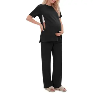 Piece Nursing Breastfeeding Set Maternity Pajamas with Hidden Zipper Postpartum Short Sleeve Lounge Outfit Set Pjs