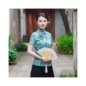 Jade Floral Frog-Button Blouse | Neo-Chinese Top, Mandarin Collar, Modern Daily Wear, Botanical Print