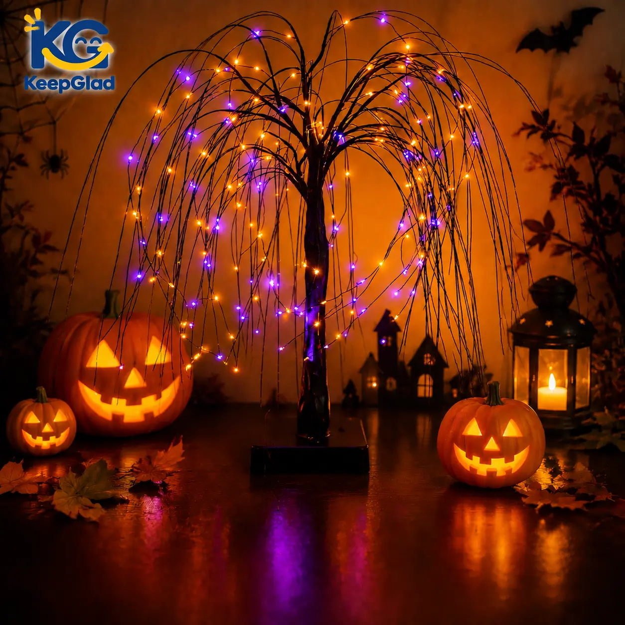 Halloween Tree-Like Willow Branch Lights, Purple and Orange LED Lamp, Spooky Tabletop Decor, USB/Battery Operated, Ideal for Haunted Houses, Gothic Parties, Branches, 1Pcs--KeepGlad