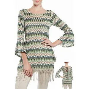A'Reve Back Lace Up Fringe Tunic - Teal Multi