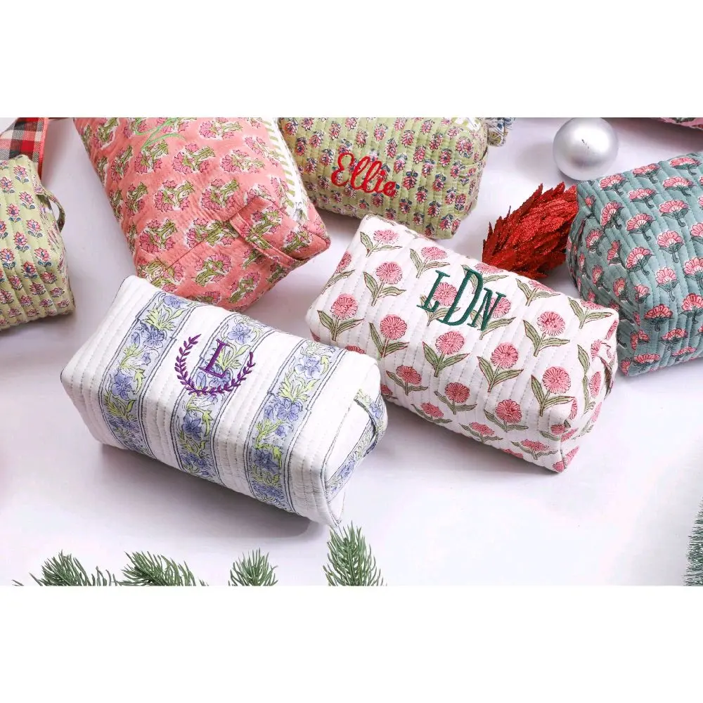 MakMarigold Makeup Bags Hand Quilted Block Print 100% Cotton Floral Lining Personalized Gift For Her Bridesmaid gift Bridesmaid Bags Quilted Floral Makeup Organizer Bag
