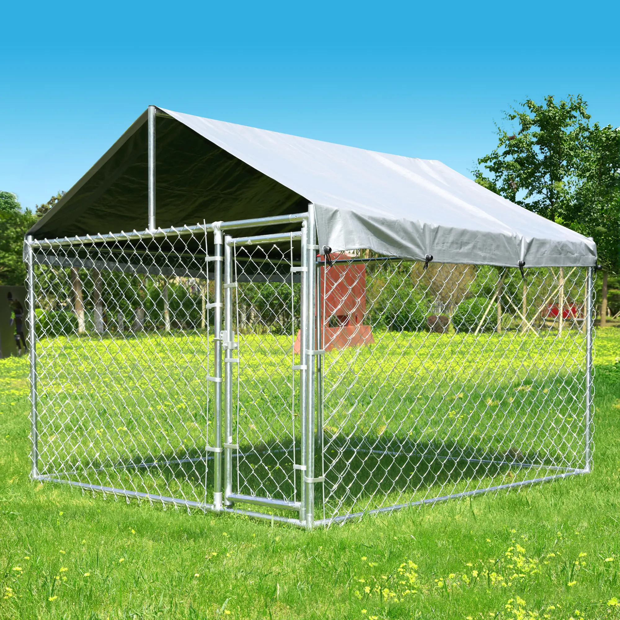 HITTITE Heavy Duty Coated Metal Chain Link Dog Playpen with Steel Frame, 2 Sizes (6.8'Lx6.8'Wx5.65'H, 10'Lx6'Wx7.65'H) Outdoor Kennel, Lockable Door, Water-Resistant Canopy, Large Dog Enclosure, 1 Box, 66 lbs