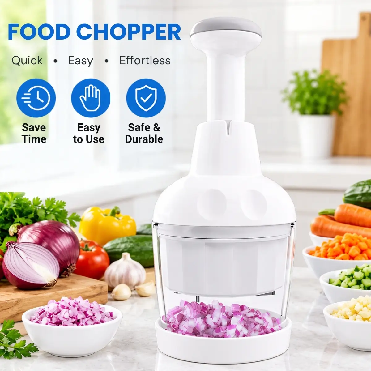 Pampered Chef Manual Food Chopper For Vegetables l White Kitchen Vegetable Dicer with 360° Stainless Steel Blades, Soft-Grip Push Handle, Non-Slip Base and Dishwasher-Safe Removable Parts for Chopping Onions, Garlic, Nuts and Meal Prep