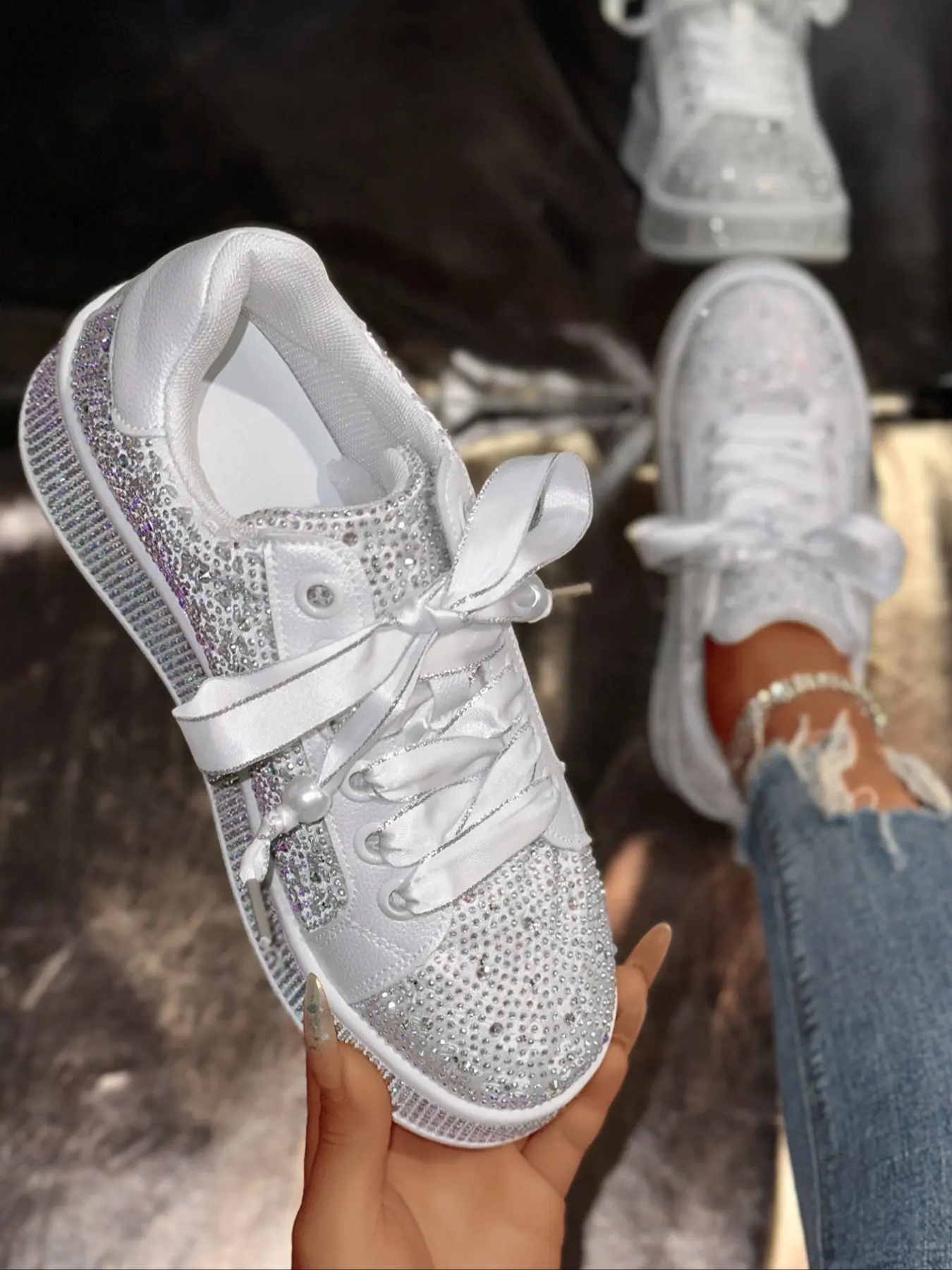 Women's Rhinestone Slip-On Loafers, Elegant Casual Outdoor Faux Suede Flats, Comfortable Fashionable Round Toe Women's Shoes, Stylish Low-Heel Sneakers, Rubber, Walking Shoes, Footwear, Trendy Shoes, Casual Lifestyle Footwear