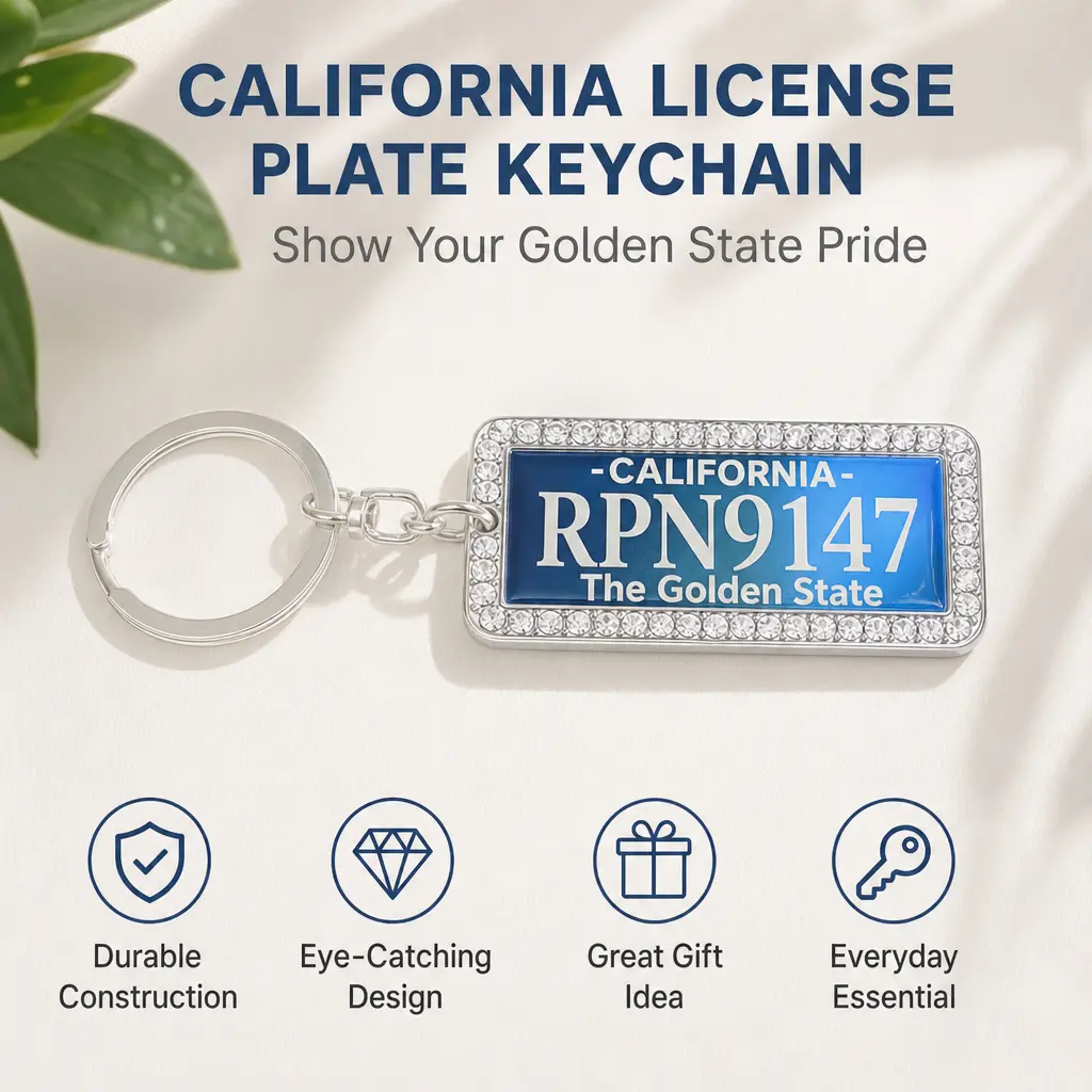 Trendy Customizable Blue All States Car Plate Keychain With Full Diamond Frame, Engrave Personalized Safe Drive Wishes & Unique Plate Number, Scratch Resistant Metal Pendant Durable Key Ring Great Anniversary Gift For Him Her