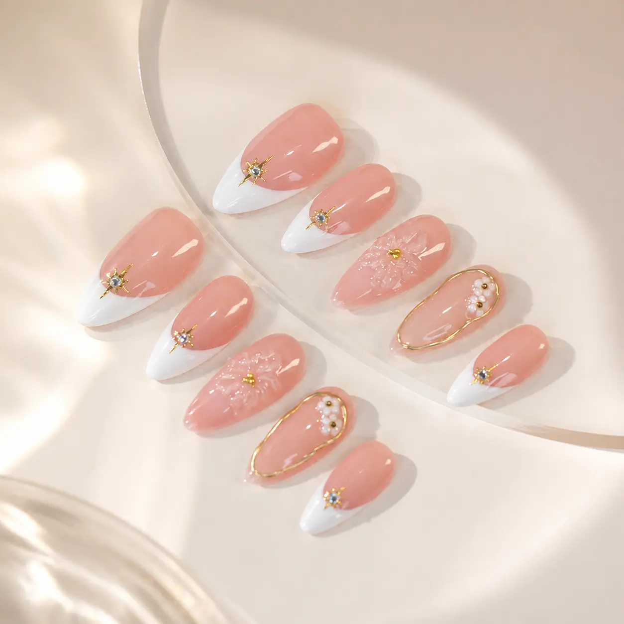 Nails 10-Piece Soft French and Floral Press-On Nails for Daily Wear and Weddings, Reusable Nail Kit