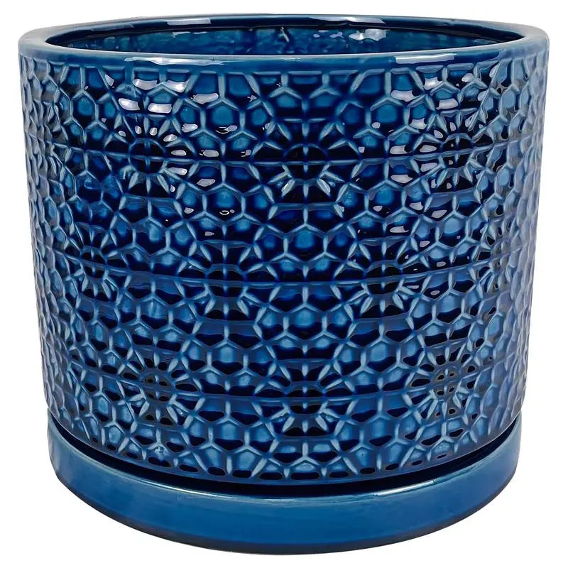 Border Concepts 7037871 Amelia Ceramic Glazed Ornamental Tabletop Flower Pot, 7.25x6.25x12 in, Blue, Glazed Flower Pots, Ornamental Flower Pots
