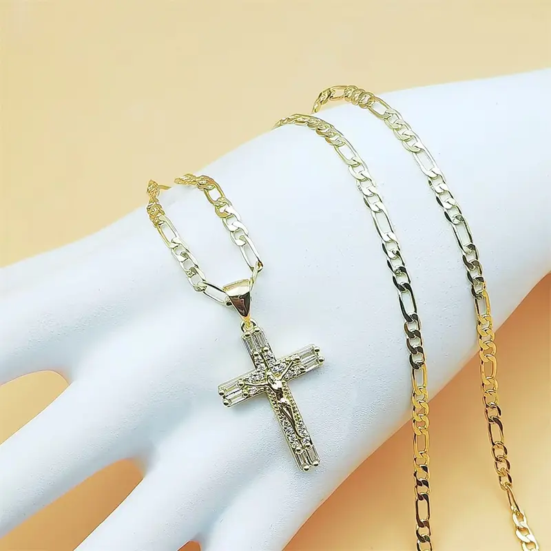 14K Gold Plated Cubic Zirconia Inlaid Jesus Crucifix Cross Necklace - 23.62in (60cm) Copper Figaro Chain, Christian Unisex Jewelry for Women, Men's Jewelry, Daily Wear, Gifts for Women