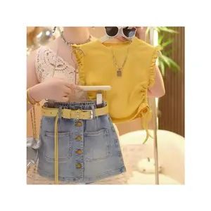 Z Girls' Summer Clothing Set New Fashionable Korean Style Short Sleeve Children's Denim Skirt Pants 2pcs Set Trendy, Perfect for Outdoor