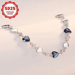 1pc Elegant 925 Sterling Silver Heart Bracelet with Synthetic Zirconia, Simple Ocean Heart Design, August Birthstone, Daily Wear & Gift, 6.4g