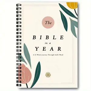 Spiral-Bound Bible Study Journal - The Bible in a Year, A 52 Week Journey Through God's Word, Clean Minimalist Design with Pastel Green Leaves, Black Spiral Binding on Left Side - Religious Weekly Study Notebook, Bible Study Supplies