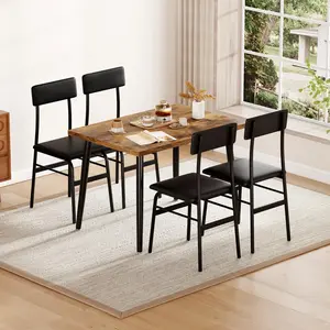 Rustic Brown 5-Piece Rectangular Dinette Set with 4 Soft Upholstered Chairs, Compact Space-Saving Kitchen Dining Table Perfect for Small Dining Rooms, Apartments and Cozy Breakfast Nooks