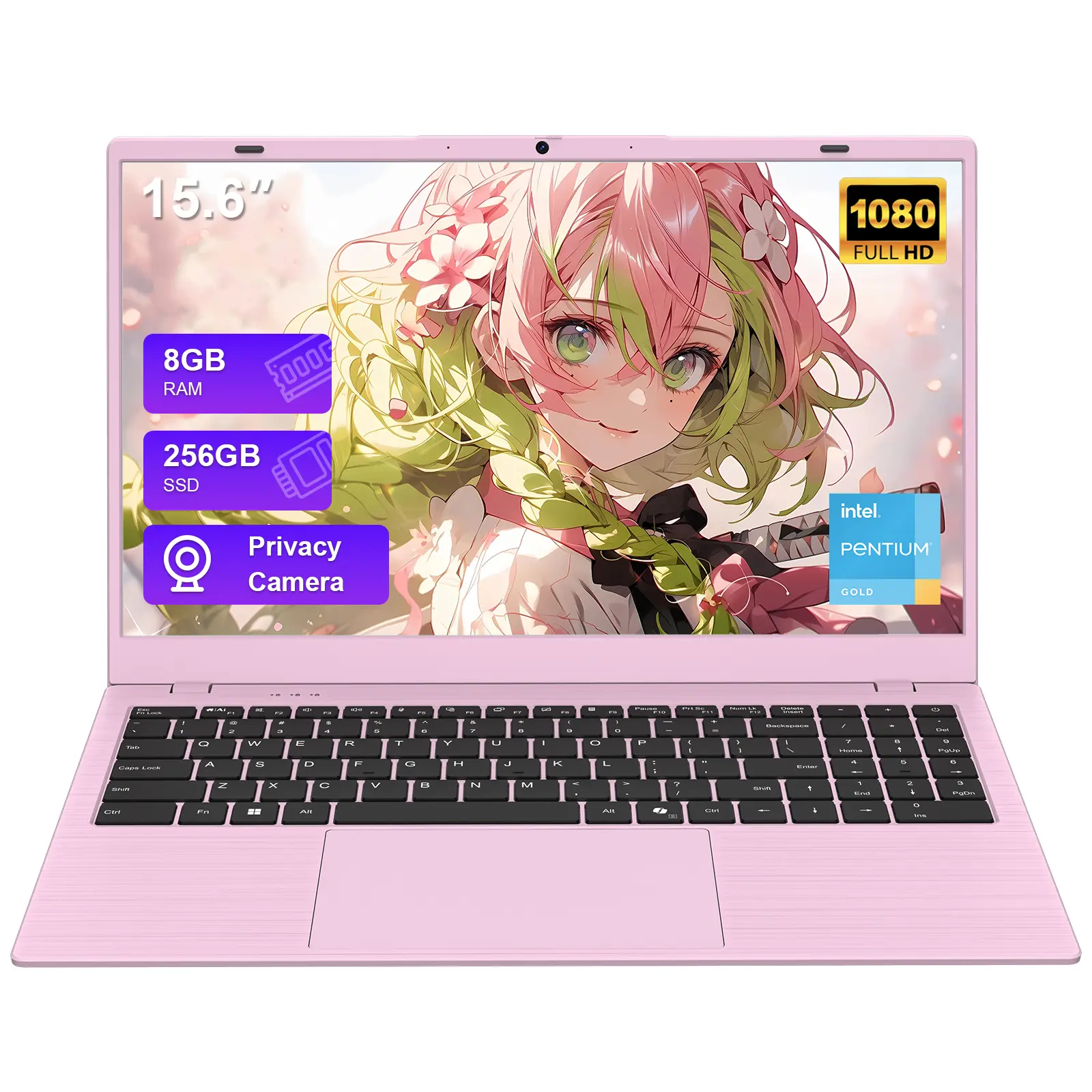Pink Student Laptop 15.6", 8GB RAM 256GB SSD Intel 6500Y, FHD IPS Display, WiFi 5 Bluetooth 5.0, Slim Portable Notebook for College, Back to School, Home Office & Daily Use