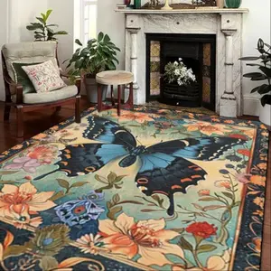 Vintage Butterfly & Flower Pattern Boho Floral Area Rug, 1 Count Non-slip Soft Floor Mat, Decorative Carpet for Home Living Room Bedroom, Home Decor, Bohemian Style Rugs